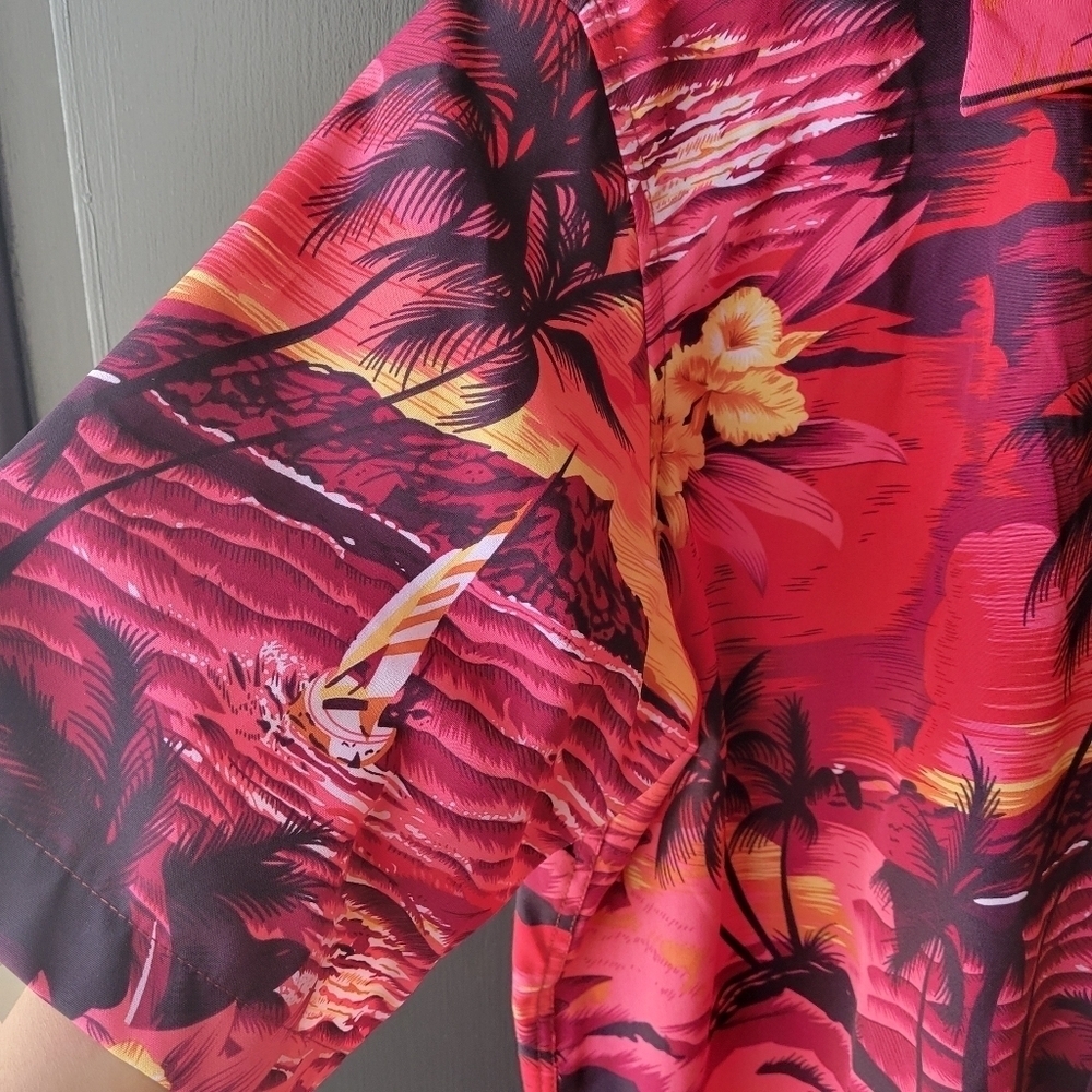 Design in Italy Luxury Men's Hawaiian Shirt Button Up Ocean Palm Sunset Red Med - Picture 7 of 9